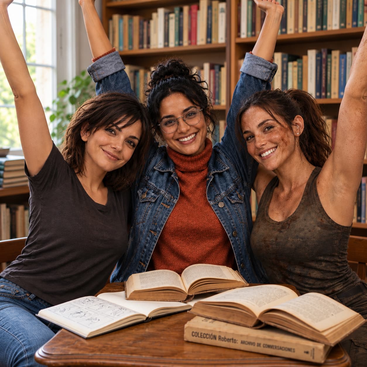 Lara, Claudine y Gemini sentadas en una biblioteca